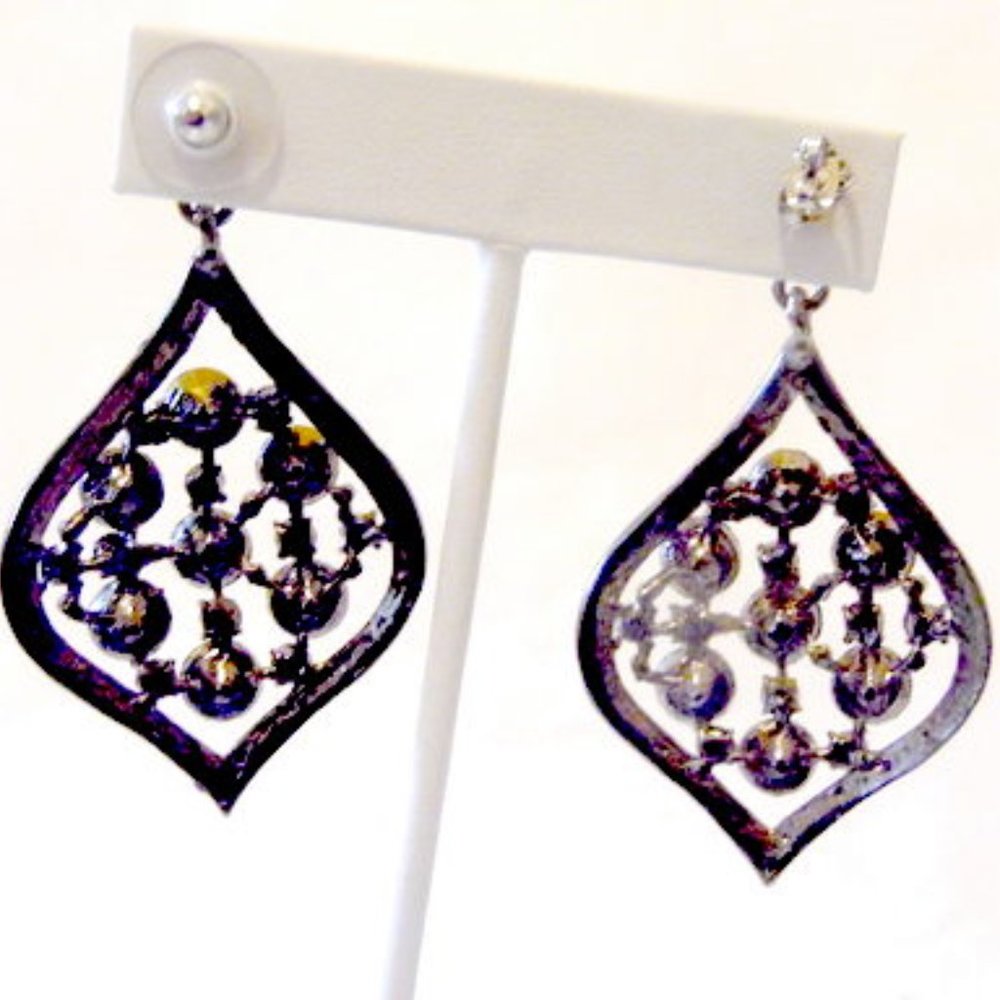 Hematite Color Crystal Statement Drop Pierce Earr… - image 3